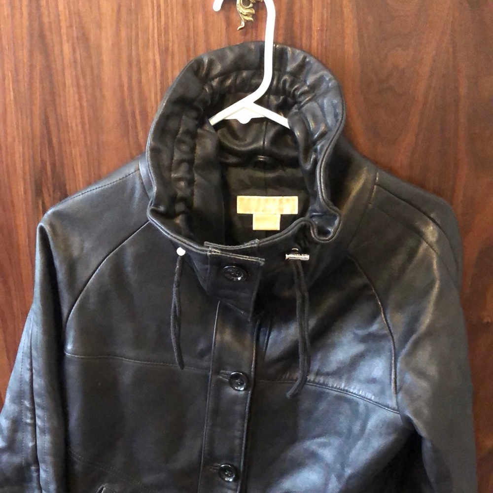 Pretty Michael Kors leather jacket, gathered high collar, princess seams, size 6